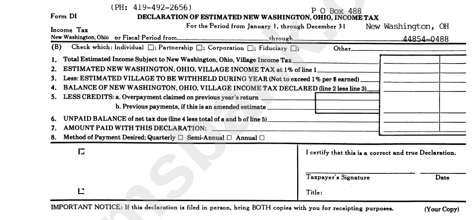 Form Di - Declaration Of Estimated New Washington,ohio, Income Tax