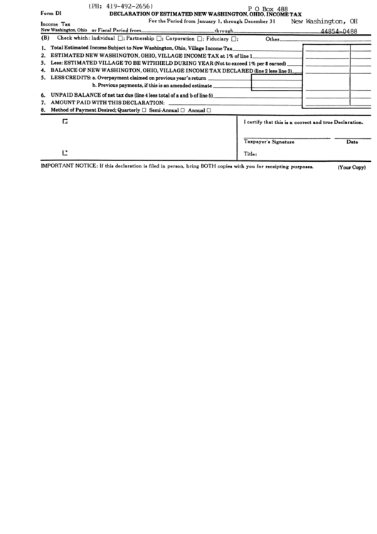 Form Di - Declaration Of Estimated New Washington,ohio, Income Tax Printable pdf