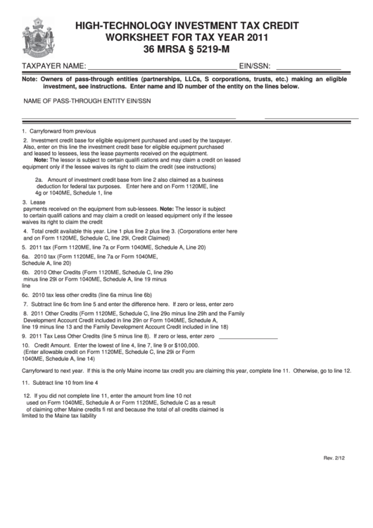 High-Technology Investment Tax Credit - Worksheet For Tax Year 2011 Printable pdf