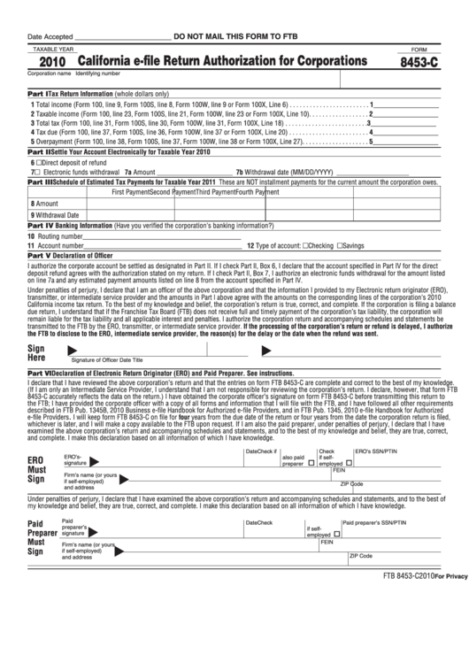 Form 8453-C - California E-File Return Authorization For Corporations - 2010 Printable pdf