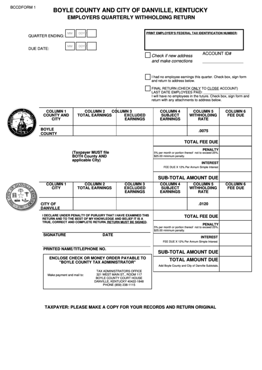 Bccd Form 1 - Employers Quarterly Withholding Return - Boyle County And City Of Danville Printable pdf