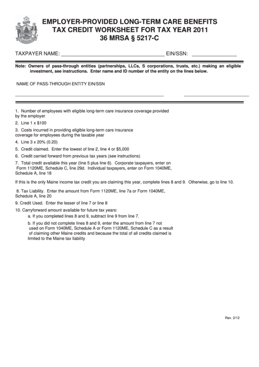 Employer-Provided Long-Term Care Benefits Tax Credit Worksheet For Tax Year 2011 Printable pdf