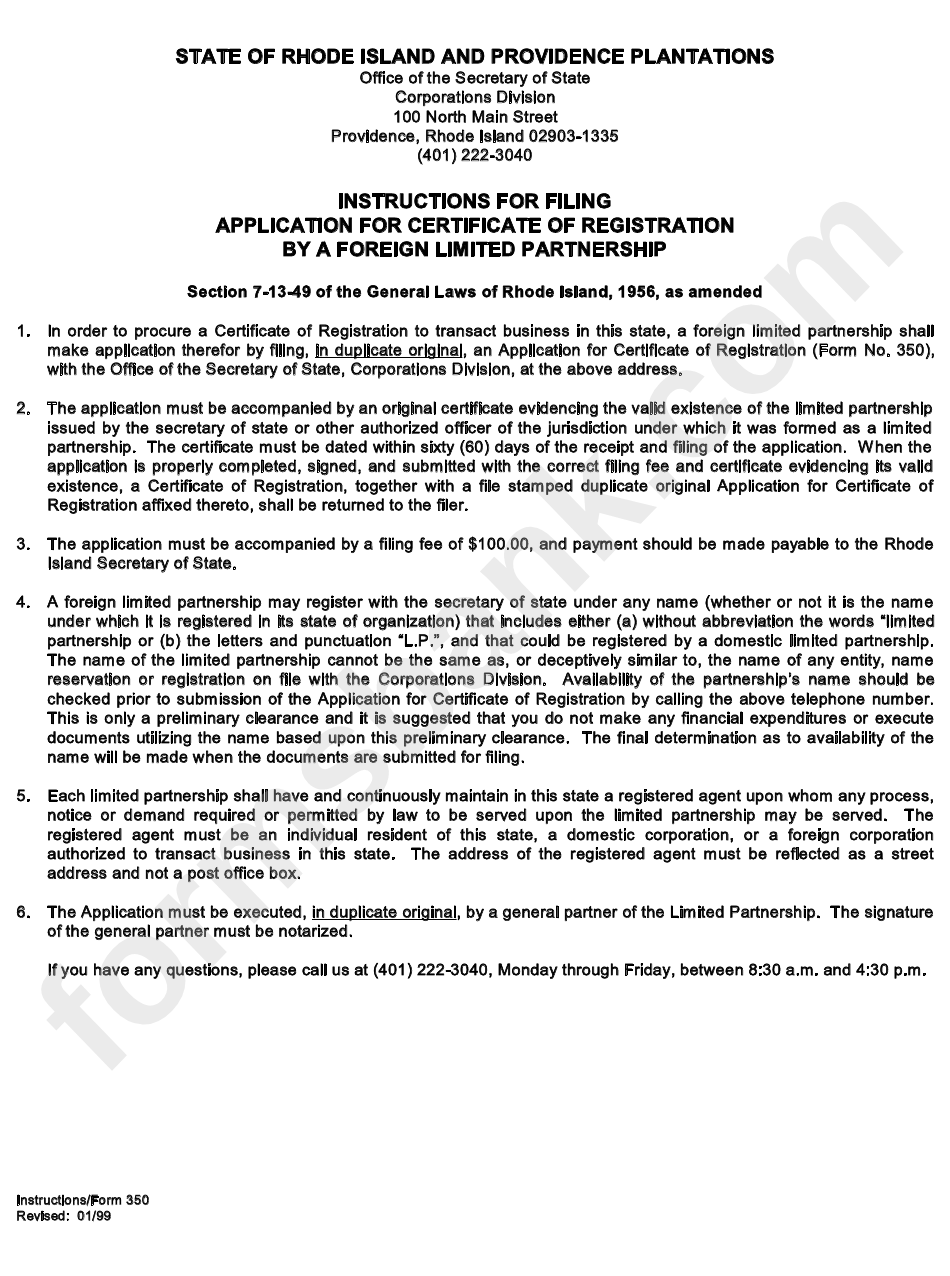 Instructions For Form 350 - Application For Certificate Of Registration By A Foreign Limited Partnership