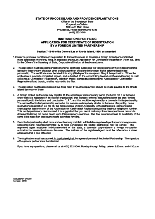 Instructions For Form 350 - Application For Certificate Of Registration By A Foreign Limited Partnership Printable pdf