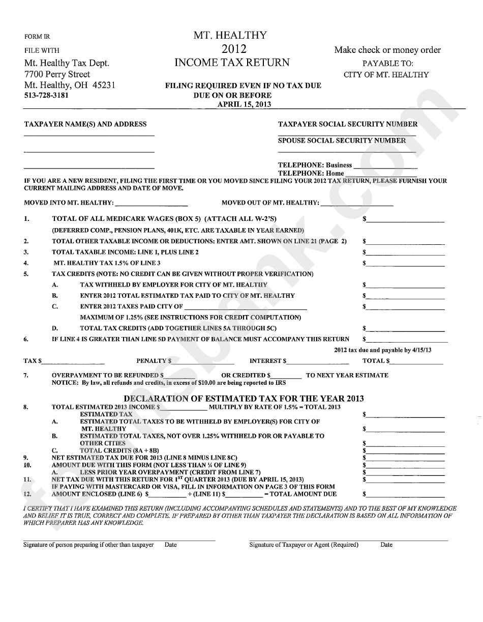 Form Ir - Income Tax Return - City Of Mt.healthy - 2012