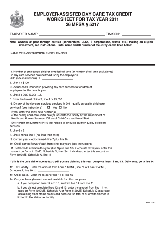 Employer-Assisted Day Care Tax Credit Worksheet For Tax Year 2011 Printable pdf