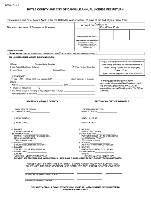 Bccd Form 2 - Annual License Fee Return - Boyle Country And City Of ...