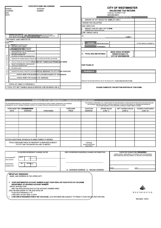 Fillable Sales/use Tax Return - City Of Westminster Printable pdf
