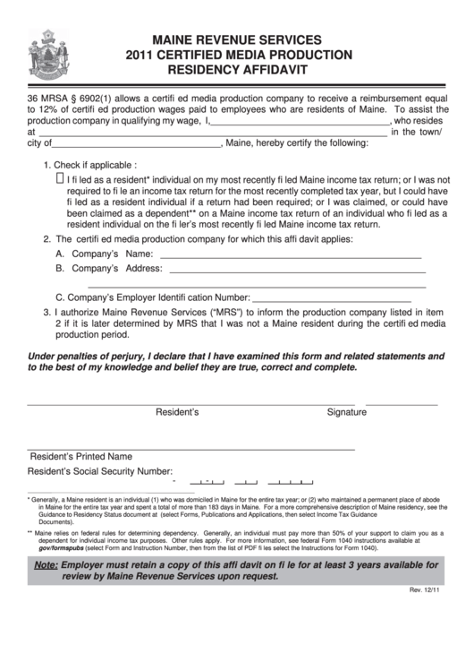 Maine Revenue Services 2011 Certified Media Production Residency Affidavit Printable pdf