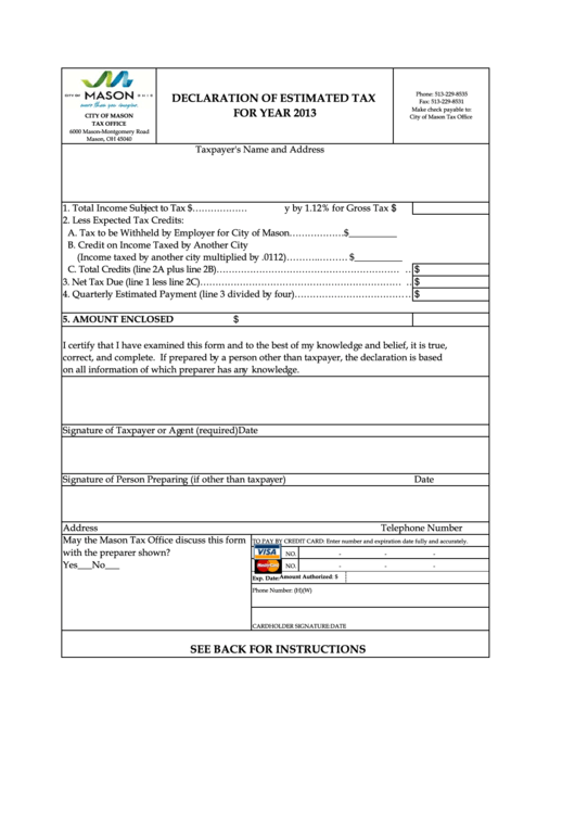 Declaration Of Estimated Tax For Year 2013 - City Of Mason Printable pdf
