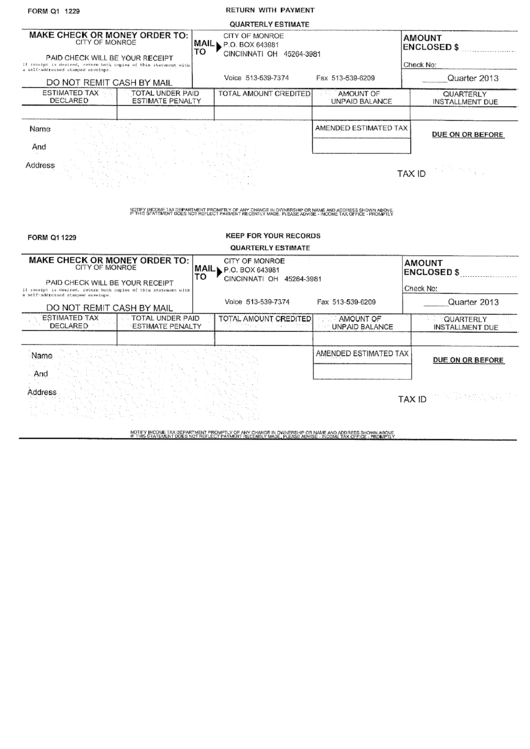 Form Q1 - Individual Quarterly Estimate Tax - City Of Monroe Printable pdf