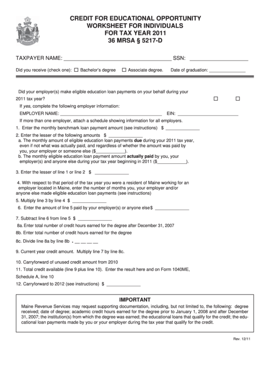 Credit For Educational Opportunity Worksheet For Individuals For Tax Year 2011 Printable pdf