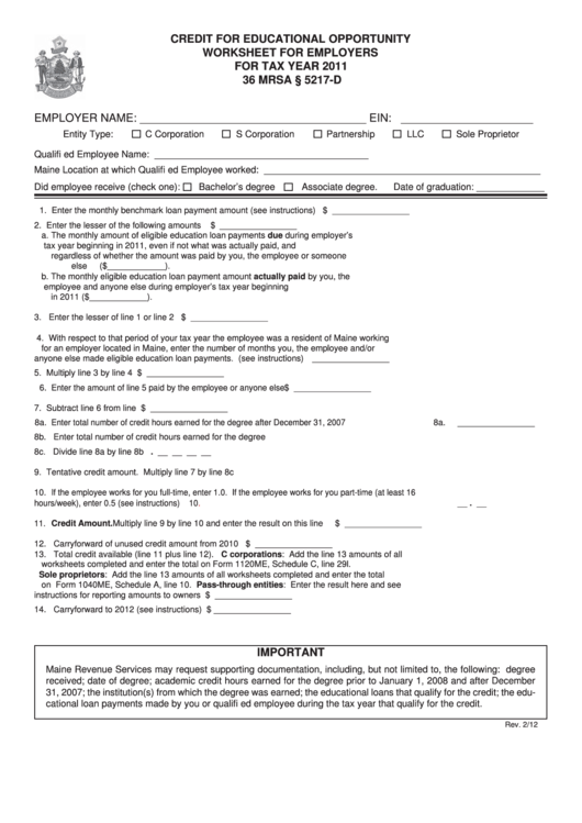 Credit For Educational Opportunity Worksheet For Employers For Tax Year 2011 Printable pdf