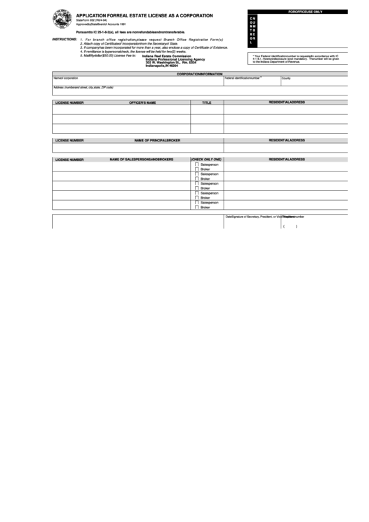 Fillable State Form 932 - Application For Real Estate License As A Corporation Printable pdf