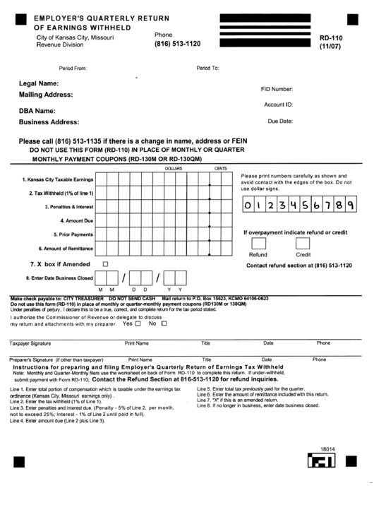Fillable Form Rd-110 - Employer