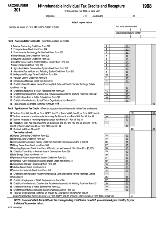 Fillable Arizona Form 301 - Nonrefundable Individual Tax Credits And Recapture - 1998 Printable pdf
