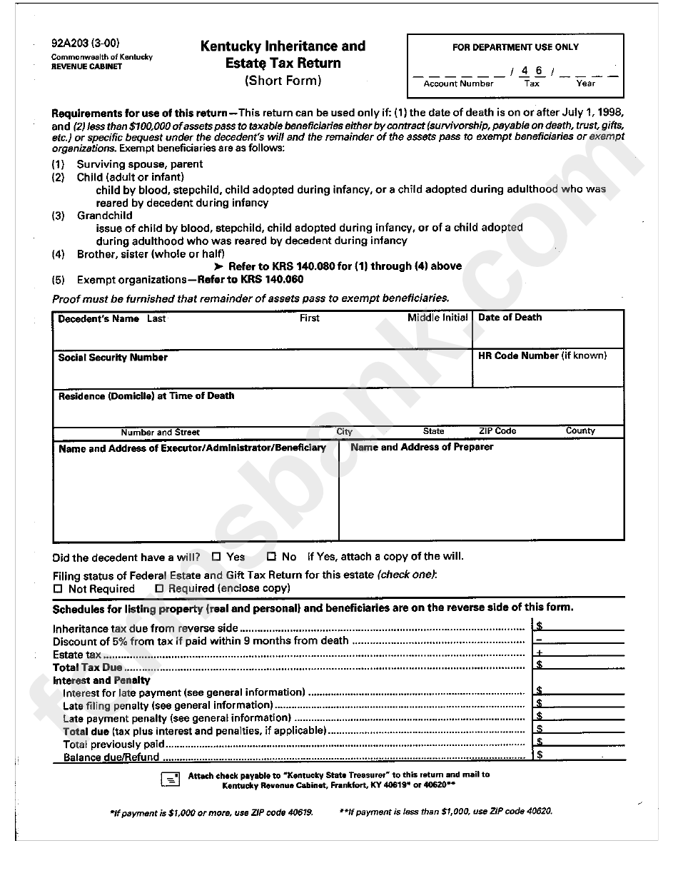 Form 92a203 - Kentucky Inheritance And Estate Tax Return - 2000