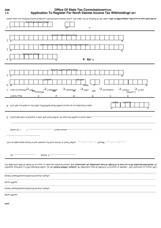 Fillable Form F-301 - Application To Register For North Dakota Income Tax Withholding - 1998 Printable pdf