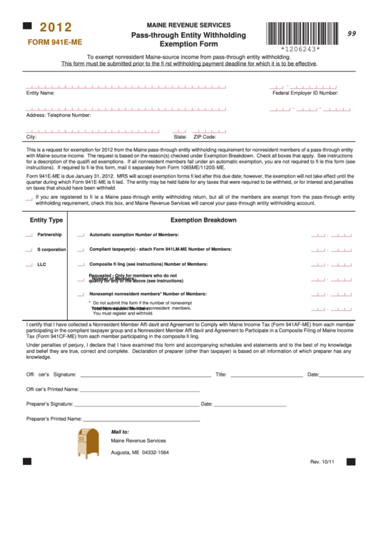 Form 941e-Me - Pass-Through Entity Withholding Exemption - 2012 Printable pdf