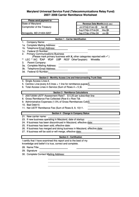 Maryland Universal Service Fund (Telecommunications Relay Fund) Carrier Remittance Worksheet Printable pdf