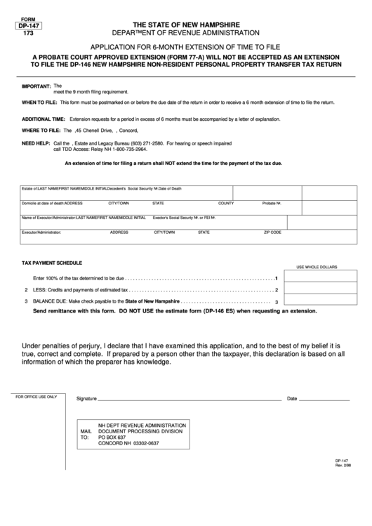 Form Dp-147 - Application For 6-Month Extension Of Time To File - New Hampshire Department Of Revenue Printable pdf