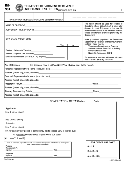 Fillable Form Inh 301 - Inheritance Tax Return - Tennessee Department Of Revenue - 1998 Printable pdf
