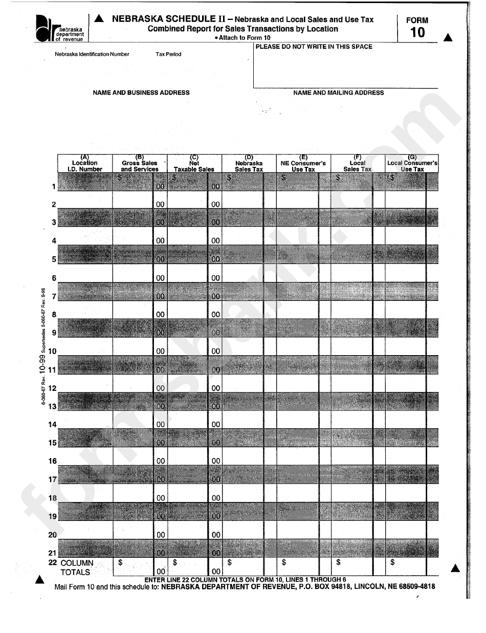 Form 10 - Nebraska Schedule Ii - Combined Report For Sales Transactions By Location - 1999