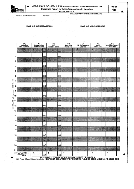 Form 10 - Nebraska Schedule Ii - Combined Report For Sales Transactions By Location - 1999 Printable pdf