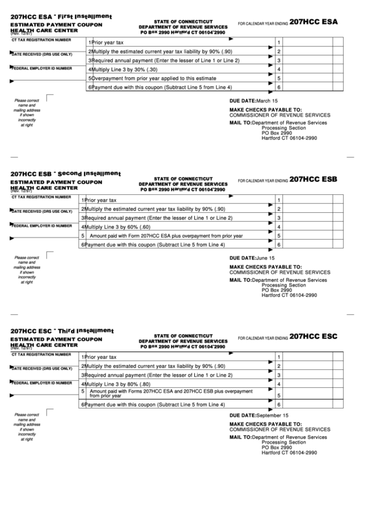 Form 207hcc Esa - Estimated Payment Coupon - Healthcare System - Connecticut Department Of Revenue Printable pdf