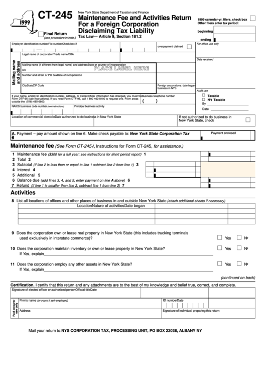 Form Ct-245 - Maintenance Fee And Activities Return For A Foreign Corporation Disclaiming Tax Liability - 1999 Printable pdf