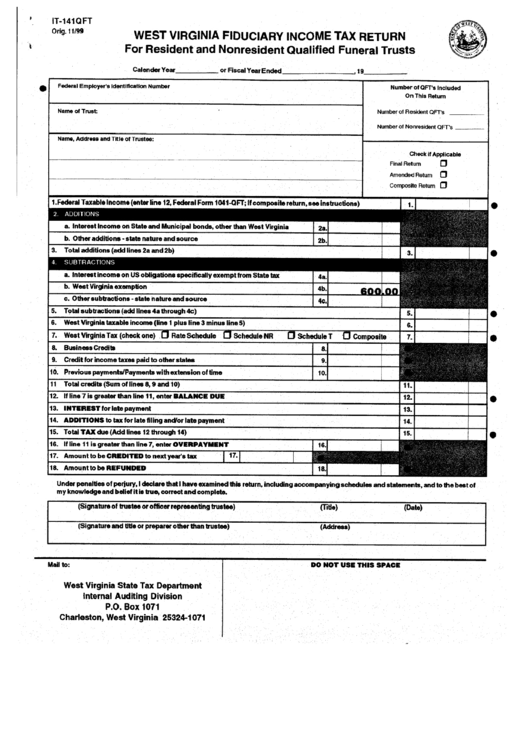 Form It-141qft - West Virginia Fiduciary Income Tax Return For Resident And Nonresident Qualified Funeral Trusts Printable pdf