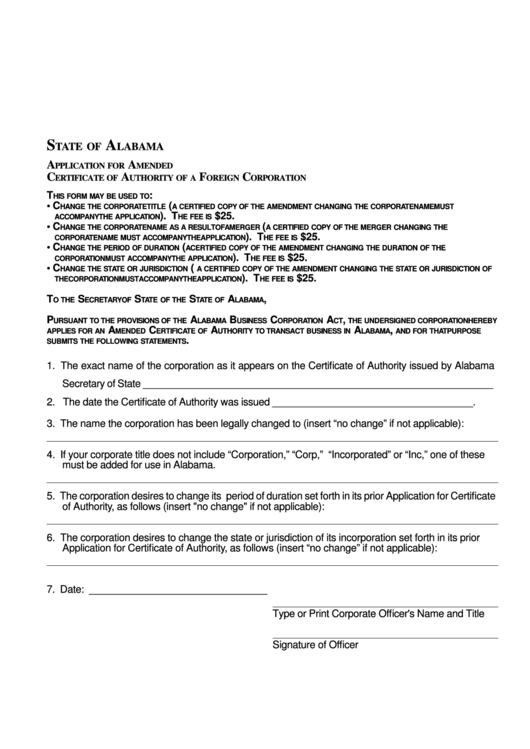 Application For Amended Certificate Of Authority Of A Foreign Corporation - Alabama Secretary Of State Printable pdf
