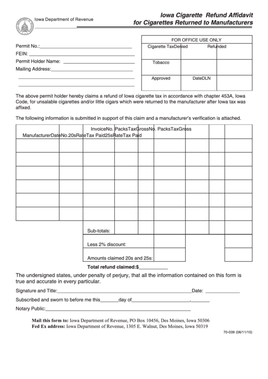 Form 70-039 - Iowa Cigarette Refund Affidavit For Cigarettes Returned To Manufacturers Printable pdf