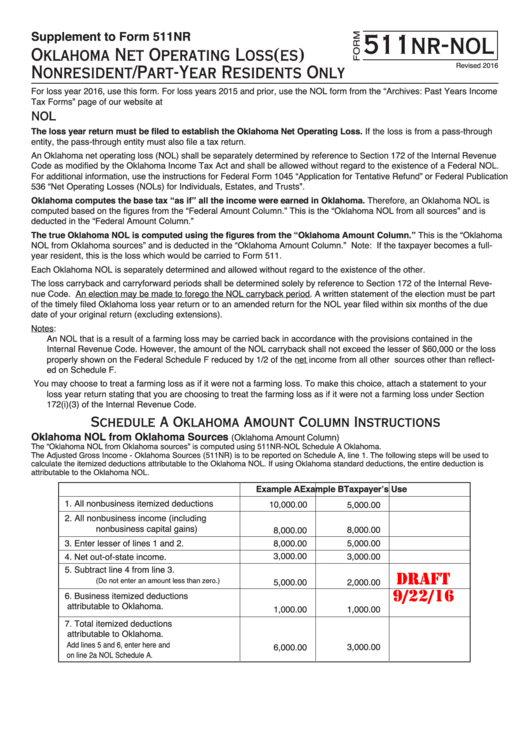 Form 511nr-Nol Draft - Oklahoma Net Operating Loss(Es) Nonresident/part-Year Residents Only - 2016 Printable pdf
