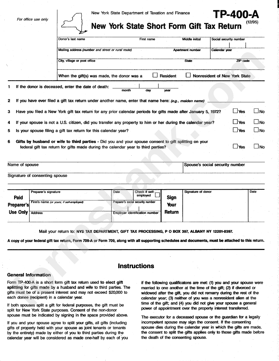 Form Tp-400-A - New York State Short Form Gift Tax Return - 1995