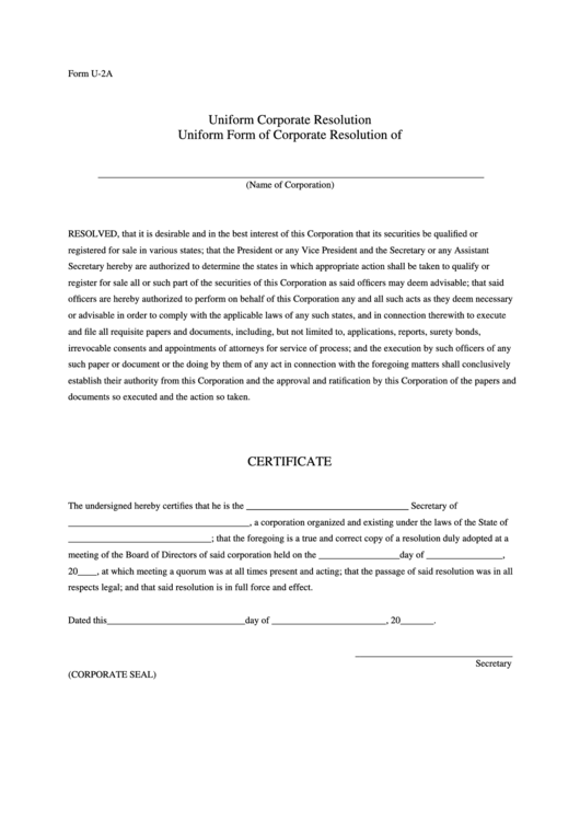 Form U-2a - Uniform Corporate Resolution Printable pdf