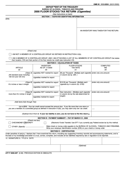 Form Atf F 5000.28t - Floor Stocks Tax Return - 2000 Printable pdf