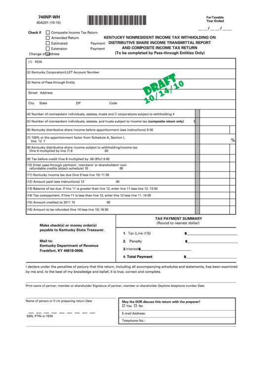 Form 740np-Wh Draft - Kentucky Nonresident Income Tax Withholding On Distributive Share Income Transmittal Report And Composite Income Tax Return Printable pdf