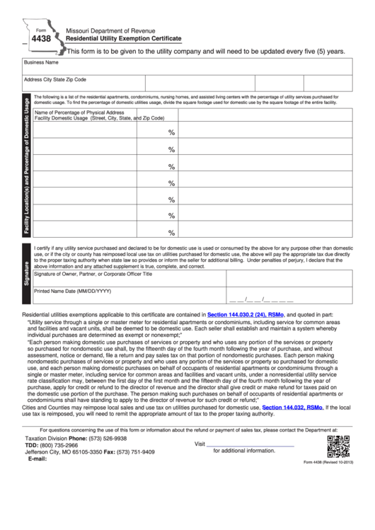 Fillable Form 4438 - Residential Utility Exemption Certificate - 2013 Printable pdf