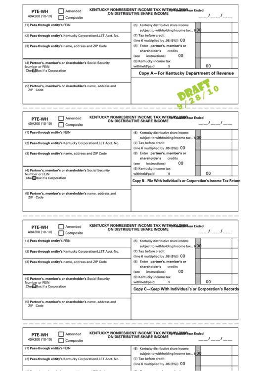 Form Pte-Wh Draft - Kentucky Nonresident Income Tax Withholding On Distributive Share Income Printable pdf
