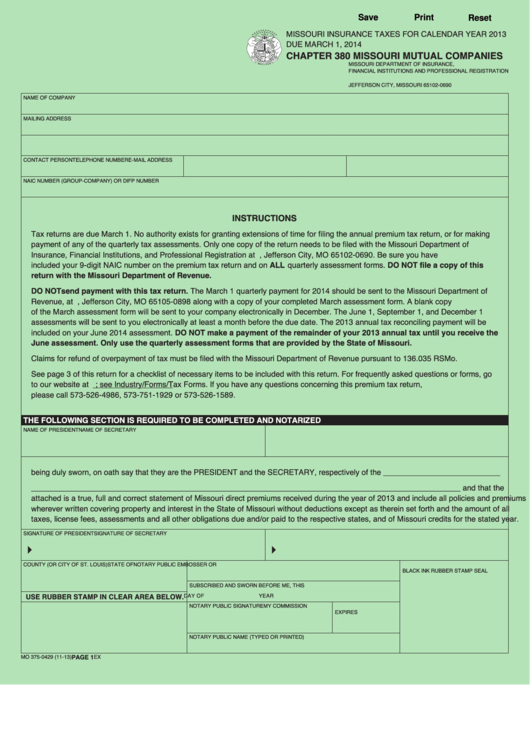 Fillable Form Mo 375-0429 - Chapter 380 Missouri Mutual Companies - 2013 Printable pdf