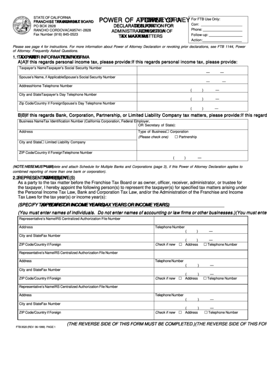 Form Ftb 3520 - Power Of Attorney - Declaration Of Administration Of Tax Matters - 1999 Printable pdf