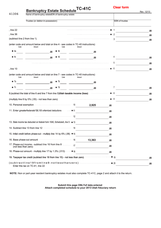 Fillable Form Tc-41c - Bankruptcy Estate Schedule - 2013 Printable pdf