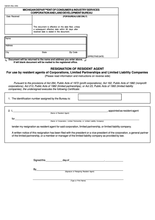 Fillable Form C&s 521 - Resignation Of Resident Agent - 2000 Printable pdf