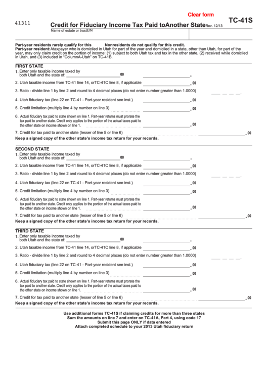 Fillable Form Tc-41s - Credit For Fiduciary Income Tax Paid To Another State - 2013 Printable pdf
