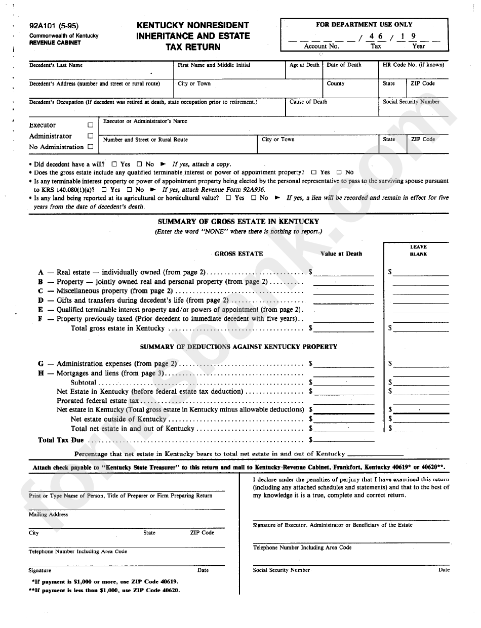 Form 92a101 - Kentucky Nonresident Inheritance And Estate Tax Return - 1995
