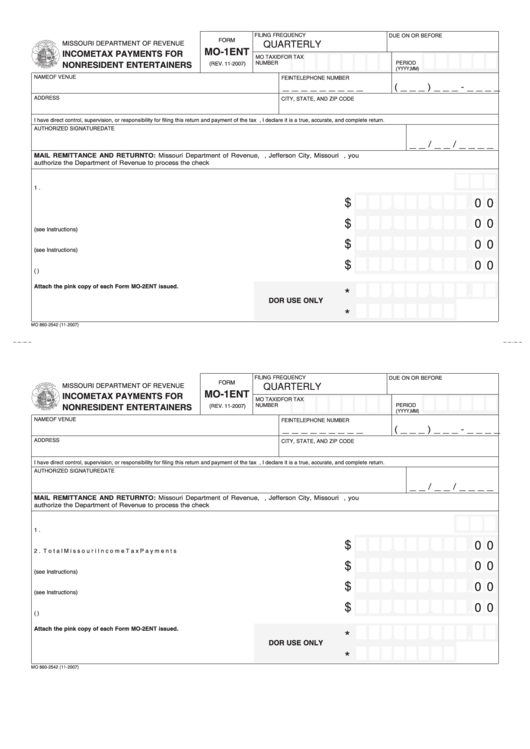 Fillable Form Mo-1ent - Income Tax Payments For Nonresident ...