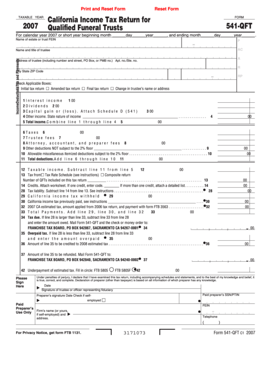 Fillable Form 541-Qft - California Income Tax Return For Qualified Funeral Trusts - 2007 Printable pdf