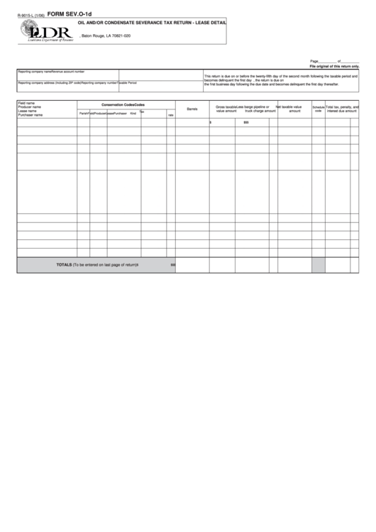 Fillable Form Sev. O-1d - Oil And/or Condensate Severance Tax Return - Lease Detail Printable pdf