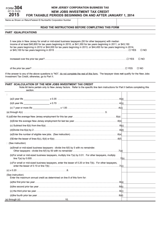 Fillable Form 304 - New Jobs Investment Tax Credit - New Jersey Corporation Business Tax - 2015 Printable pdf